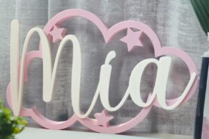 Tres Aristas Nube Decorativa con Nombre Personalizado – Regalo Original para recién nacidos, bebés y niños – Decoración Habitación Infantil para puertta, pared o estantería – Colores a elegir