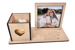 Qukimax® – Marco de fotos con portavelas y dedicatoria grabada, regalo original novios San Valentín, enamorados