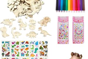 FLAVNTEL Kit de Manualidades Niños – Dinosaurios de Madera para Pintar, 50 Figuras, Lápices Acuarelables, Pegatinas y Tatuajes – Actividad Creativa y Segura para Niños