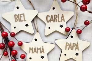 Pack Adorno navidad de madera personalizado | Bola árbol navideño | Decoración colgante | cordel incluido | Estrella